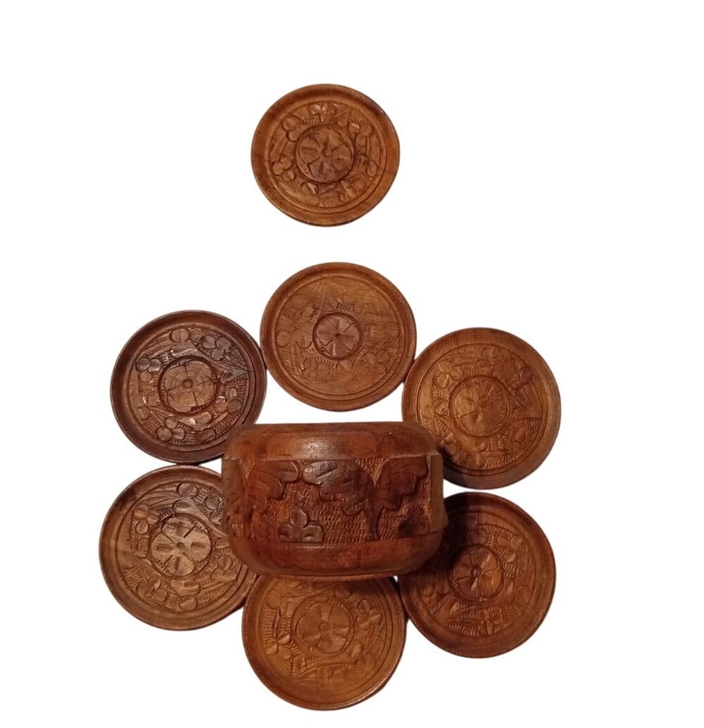 Vintage Hand Carved Wood Coaster Set of 7 Floral Drink Coasters Boho Home Decor